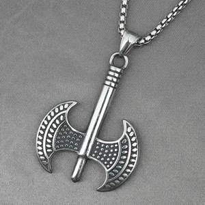 Vintage stainless steel Thor's double-headed battle axe pendant with durable box chain