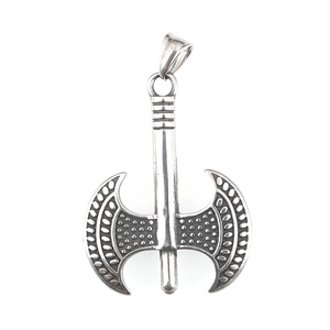Vintage Thor's battle axe pendant in oxidized stainless steel on plain white background