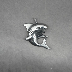 Polished stainless steel shark pendant necklace for men with realistic carved details
