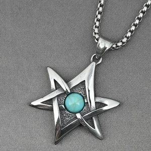 Collier en acier titane vintage avec pendentif étoile et incrustation turquoise