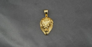 Primer plano detallado de un colgante de cabeza de león de titanio dorado sobre tela