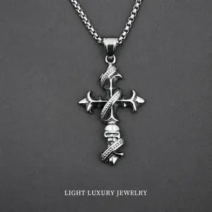 Vintage Edelstahl Gothic Kreuz Totenkopf Anhänger Halskette Für Herren Antik Silber Veraltet Punk Rock Skelett Schmuck Geschenk