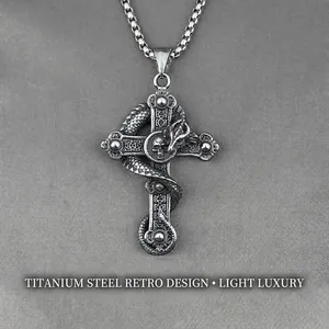 Gothic Dragon Cross Skull Pendant Necklace Retro Stainless Steel Hip Hop Jewelry Punk Antique Silver Jewelry For Men