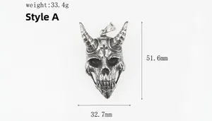 Gothic devil skull pendant dimensions showing 51.6mm height and 33.4g weight in vintage silver
