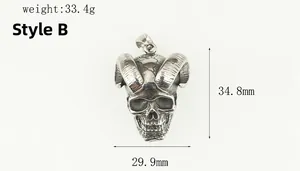 Detailed close-up of a vintage steel skull pendant with ram horns for a retro biker necklace
