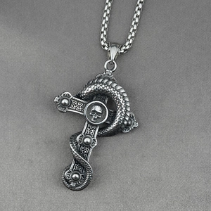 Gothic dragon cross necklace with skull relief and coiled snake in retro steel finish