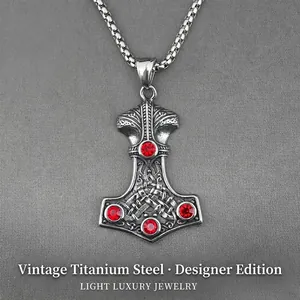 Nordic Viking Mjolnir Thor's Hammer Pendant Necklace Stainless Steel Red Rhinestone Celtic Knot Jewelry For Men