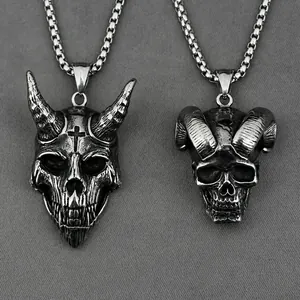 Vintage Titanium Steel Gothic Ram Horn Skull Pendant Necklace Punk Demon Cross Antique Silver Jewelry For Men Women