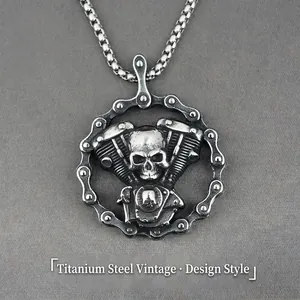 Vintage Punk Skull V-Twin Engine Motorcycle Chain Pendant Necklace Men Distressed Titanium Steel Biker Jewelry Gift