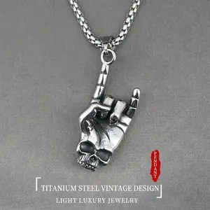Titanium Steel Rock On Gesture Skull Pendant Necklace Vintage Punk Gothic Style Jewelry For Men Women Daily Party Accessory