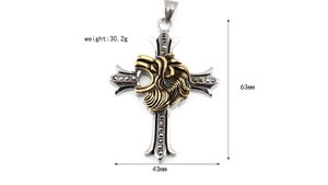 Detail view of retro titanium steel lion head cross pendant with dimensions and weight