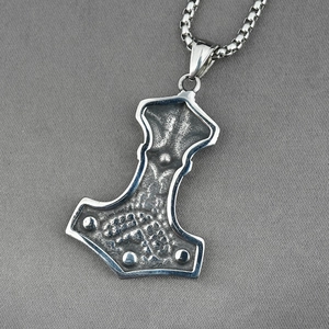Viking Thor Hammer pendant necklace with embossed Nordic totems on antique box chain