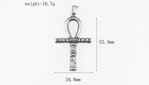 Detailed dimensions of Ankh cross necklace with Eye of Horus in vintage steel finish