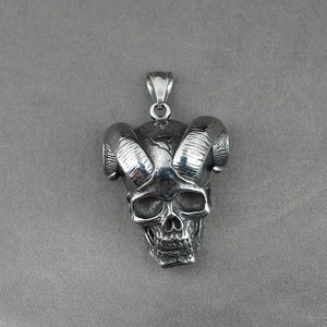 Vintage stainless steel skull necklace with curved ram horns for men and women