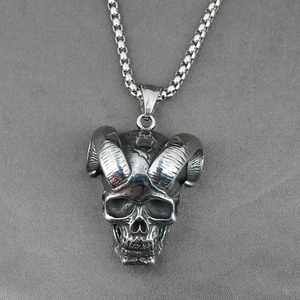 Gothic punk style horned skull pendant necklace in antique silver finish with chain