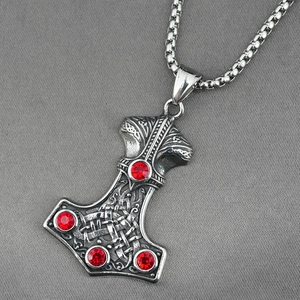 Viking Thor's Hammer Mjolnir necklace with red rhinestones and steel square pearl chain
