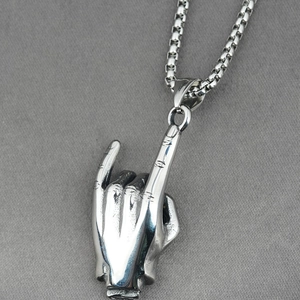 Polished titanium steel necklace with rock hand gesture pendant on a metal box chain