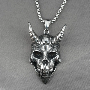 Retro punk demon skull pendant necklace in silver stainless steel with cross detail