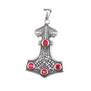 Vintage Thor's Hammer Mjölnir pendant with red gemstones and Viking knotwork