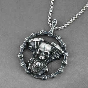 Punk vintage stainless steel motorcycle engine skull pendant with box chain for men