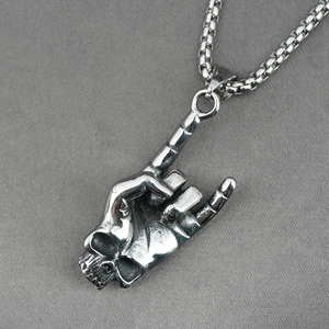 Punk rock titanium steel necklace with a creative skull hand gesture pendant for men and women