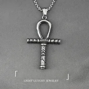 Vintage Ancient Egyptian Ankh Cross Pendant Necklace With Horus Eye Relief Stainless Steel Titanium Steel Punk Jewelry For Men