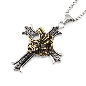 Gothic Vintage Lion Head Cross Pendant Necklace For Men Stainless Steel Zirconia Hip Hop Punk Rock Religious Jewelry