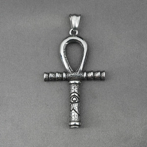Silver Ankh cross pendant with Eye of Horus engraving and hammered steel texture
