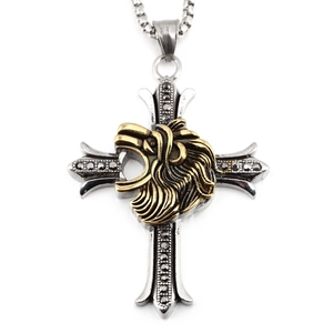 Vintage lion head cross pendant necklace in silver and gold steel for men