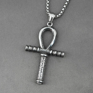 Retro silver Ankh Cross necklace for men in stainless steel with embossed textures