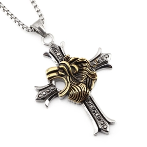 Vintage gold lion head cross pendant necklace with black stones on silver steel box chain