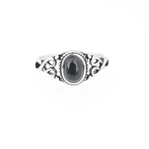 Vintage stainless steel ring for men with oval black stone and hollow heart pattern