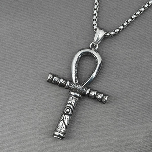 Retro stainless steel Ankh cross necklace with Eye of Horus etching and box chain
