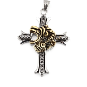 Gothic silver cross pendant with golden lion head and black micro stones for men