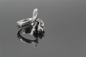 Macro detail of dragon ring with silver scale textures and a red zircon stone eye