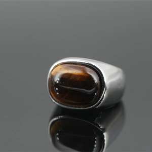 Polished silver titanium steel ring featuring an oval tiger eye stone in a retro design