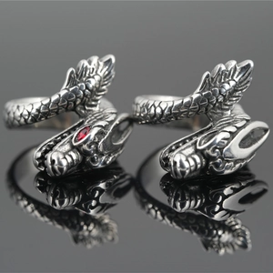 Vintage Dragon Head Ring Stainless Steel Punk Hip Hop Carved Wrap Ring For Men Women Gothic Jewelry With Red Black Eyes
