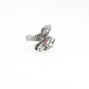Vintage titanium steel dragon head ring with red zircon eyes and oxidized silver finish