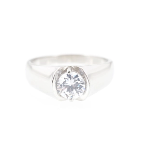Classic silver titanium steel ring with round brilliant-cut center stone on white background