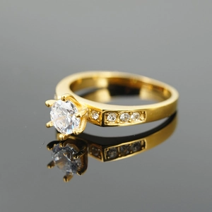 Classic gold titanium steel wedding ring with six-prong set cubic zirconia center stone