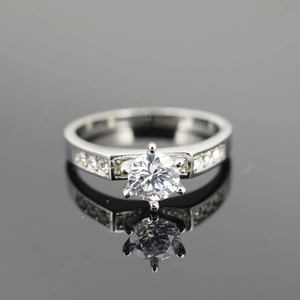 Classic silver titanium steel wedding ring with large round zircon and side stone accents