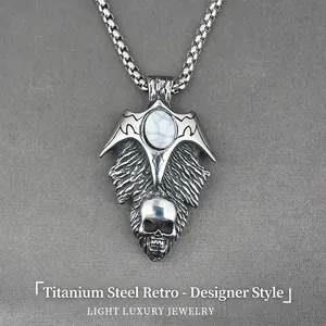 Vintage Gothic Skull Pendant Necklace For Men Stainless Steel White Stone Punk Biker Jewelry Distressed Silver Necklace