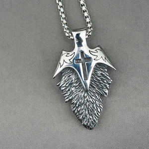 Vintage stainless steel cross pendant necklace with flame etching and feather detail