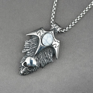 Gothic punk turquoise skull pendant necklace with feather details on steel square pearl chain