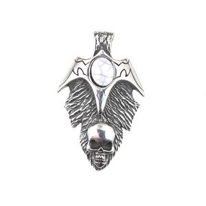 Gothic skull pendant necklace with white turquoise stone in vintage silver finish
