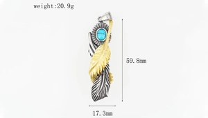 Detail view of turquoise feather pendant with dimensions 59.8mm height and 20.9g weight