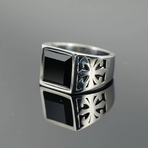 Vintage stainless steel ring for men with square black gemstone and cross engraving