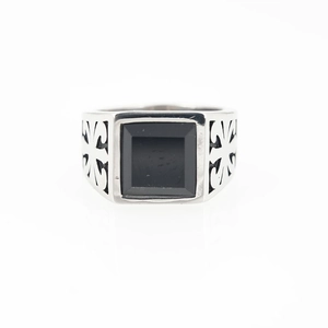 Vintage men's stainless steel cross ring featuring a large square black gemstone inlay