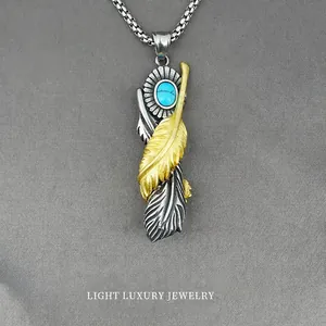 Retro Stainless Steel Double Feather Pendant Necklace With Artificial Turquoise Ethnic Indian Tribal Style Jewelry For Men Women