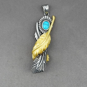 Vintage turquoise and feather pendant necklace in retro silver and gold steel finish
